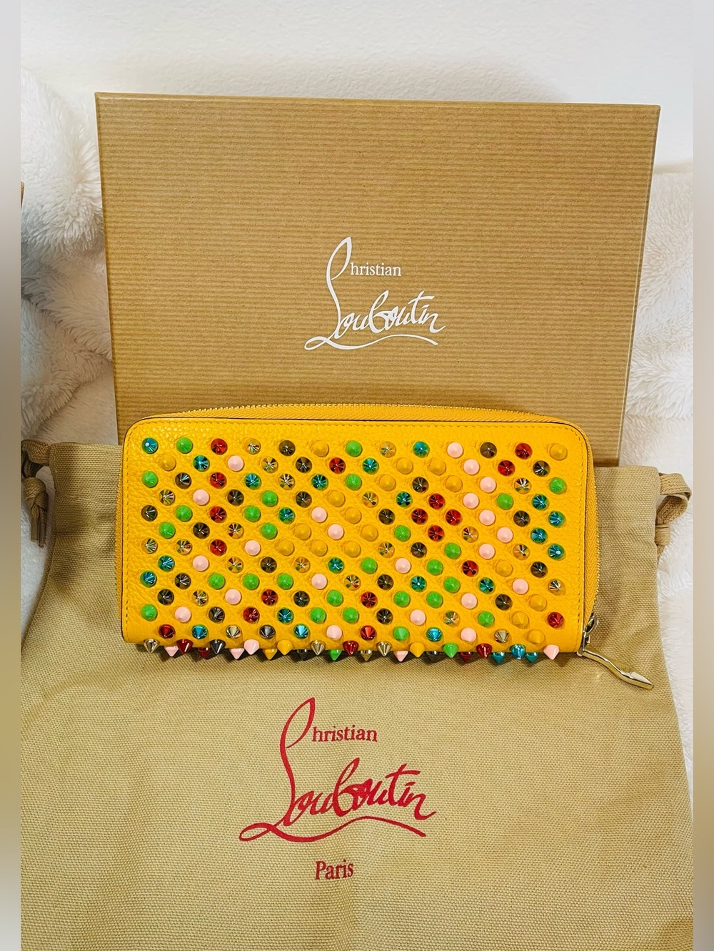💛Authentic Christian Louboutin Panettone Wallet Yellow Multicolor Spikes Zip